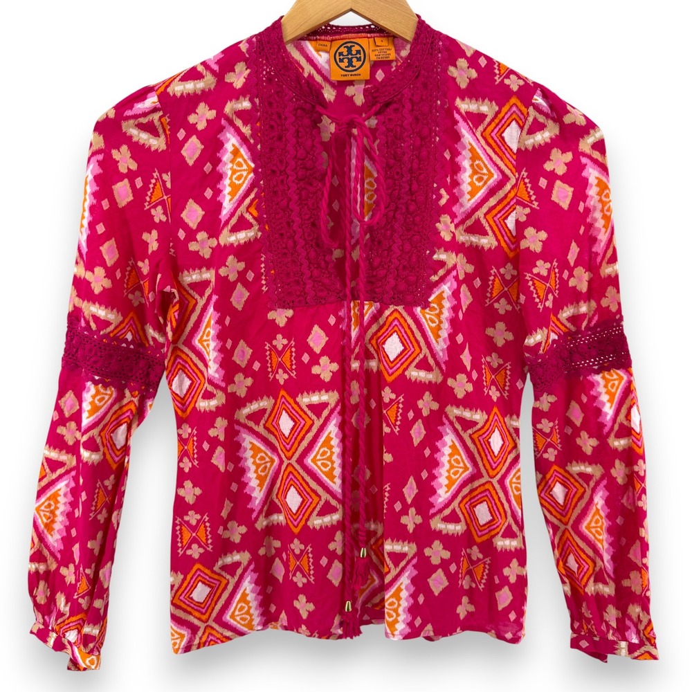 Tory Burch Pink Geometric Print Crochet Tie Neck Cotton‎ Blouse Size 4